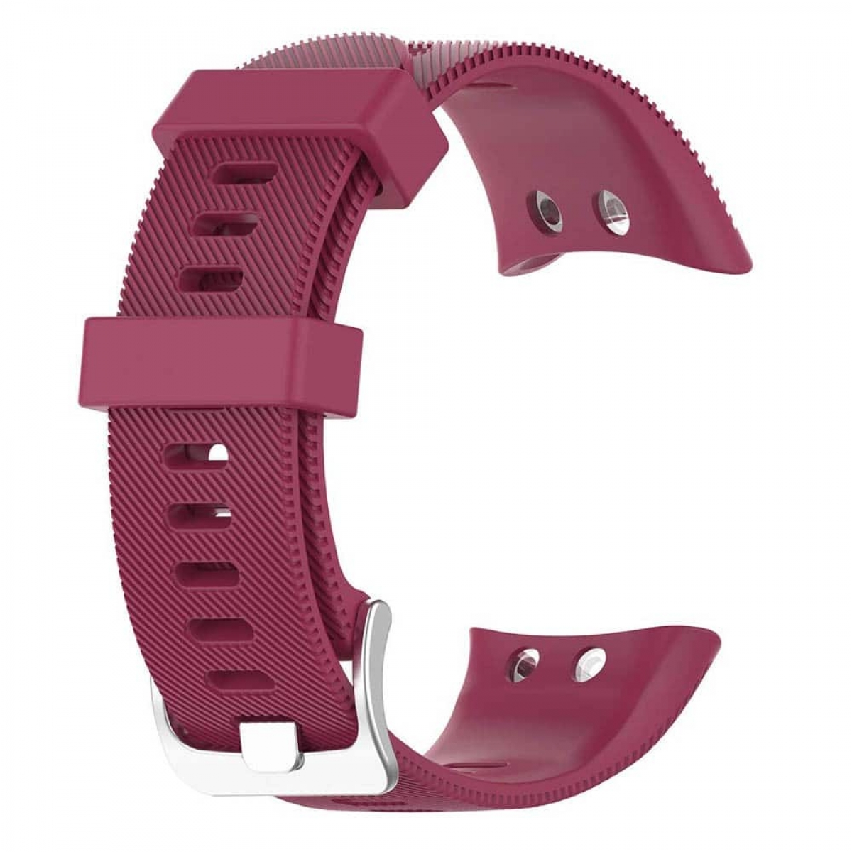 Bordeauxrotes Uhrenarmband mit silberner Schnalle. Strukturierte Oberfläche.