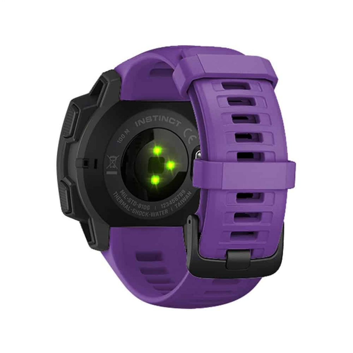 Lila Smartwatch, schwarzes Zifferblatt, lila Armband. Rückseite zeigt Sensoren, grünes Licht. Es steht 'INSTINCT' drauf.