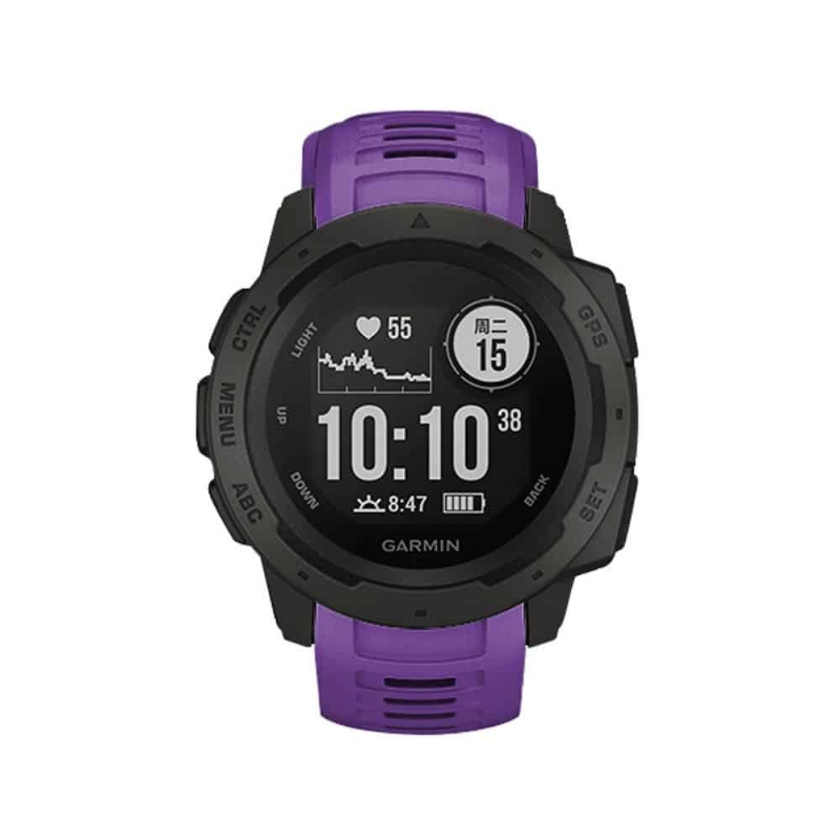 Eine schwarz-lila Garmin Smartwatch. Die Uhr zeigt Zeit, Herzfrequenz und Akkulaufzeit an.