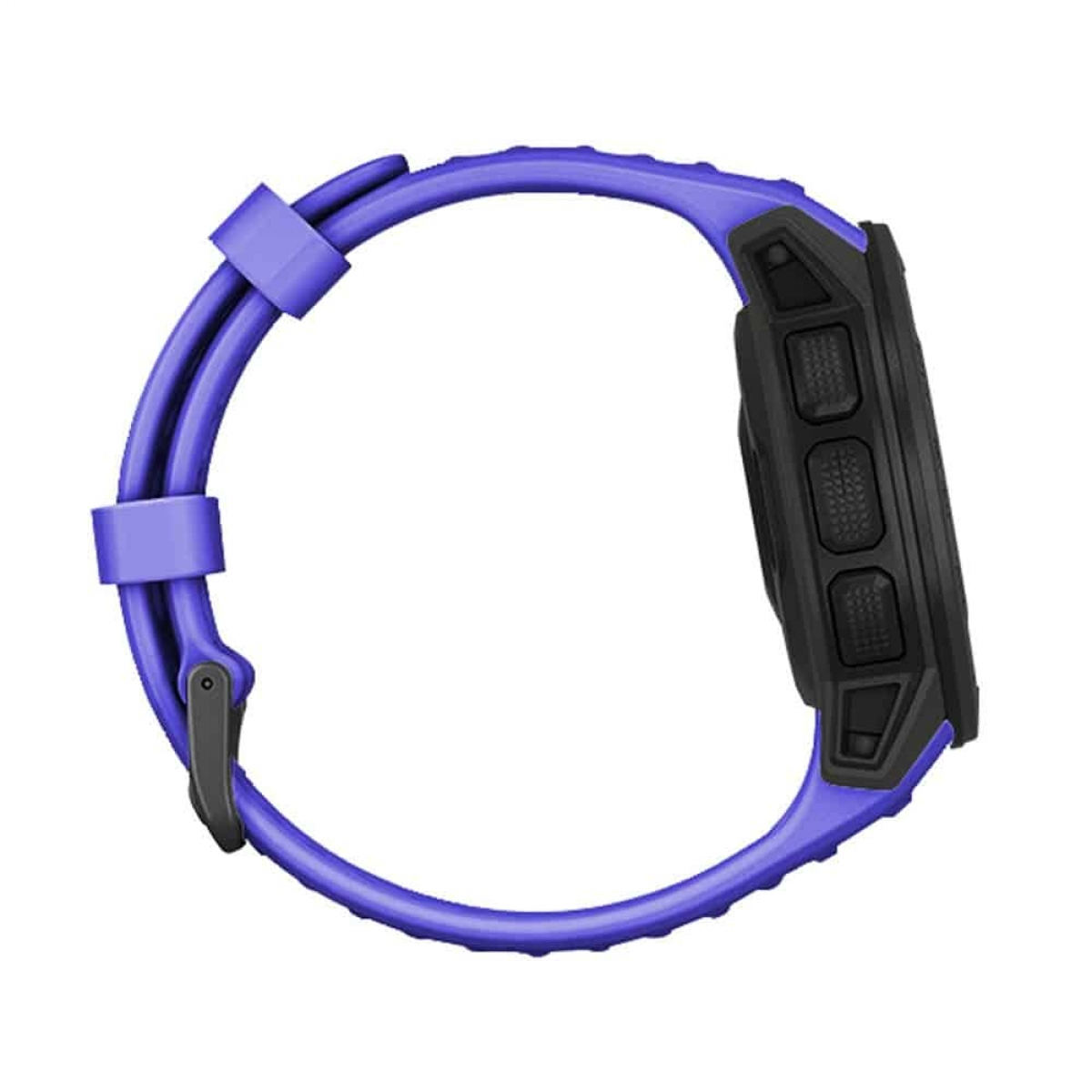 Lila Smartwatch mit blauem Armband. Der Bildschirm ist schwarz und das Band ist gebogen.