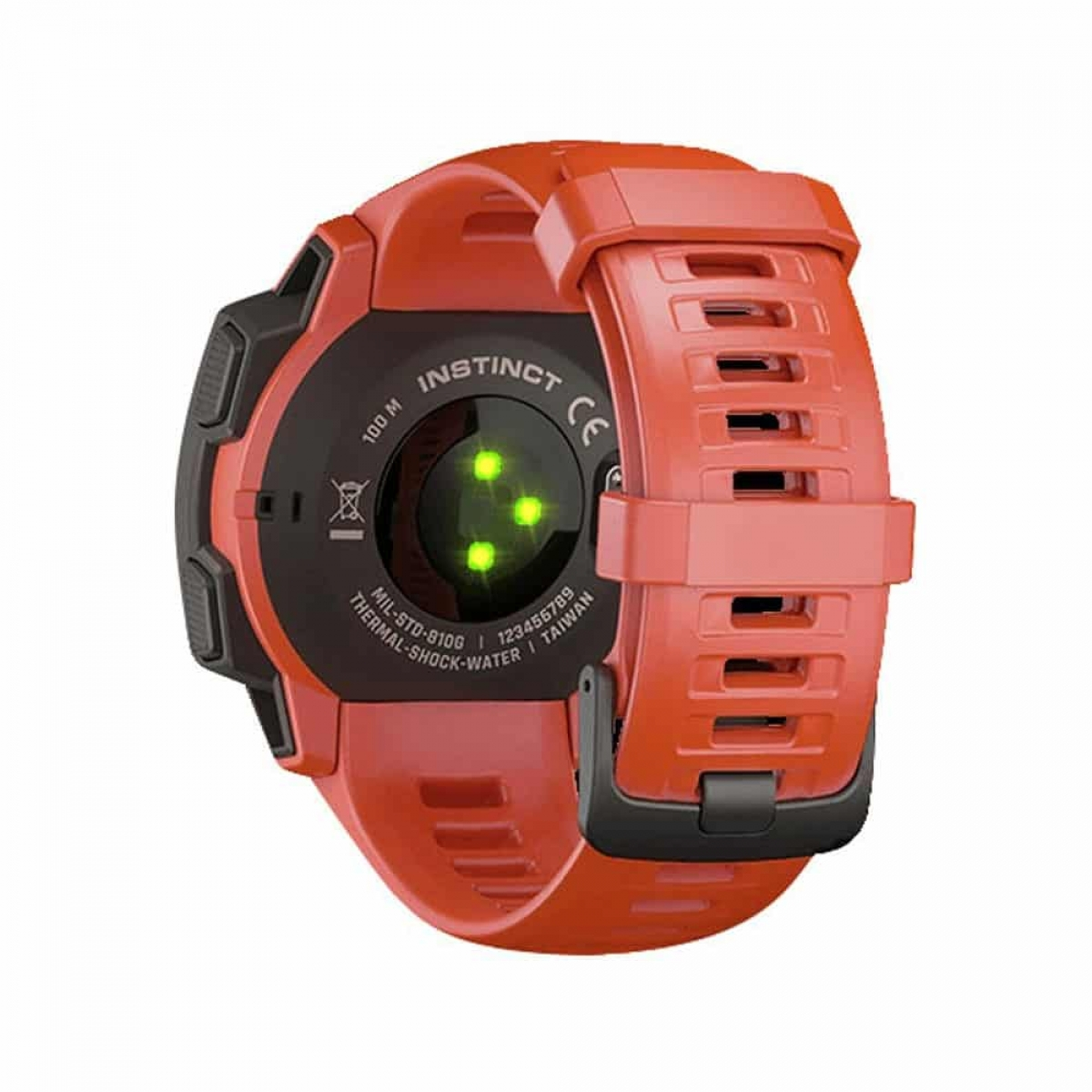 Orangene Garmin-Uhr. Schwarze Knöpfe, orangefarbenes Armband. Rückseite mit Sensoren.