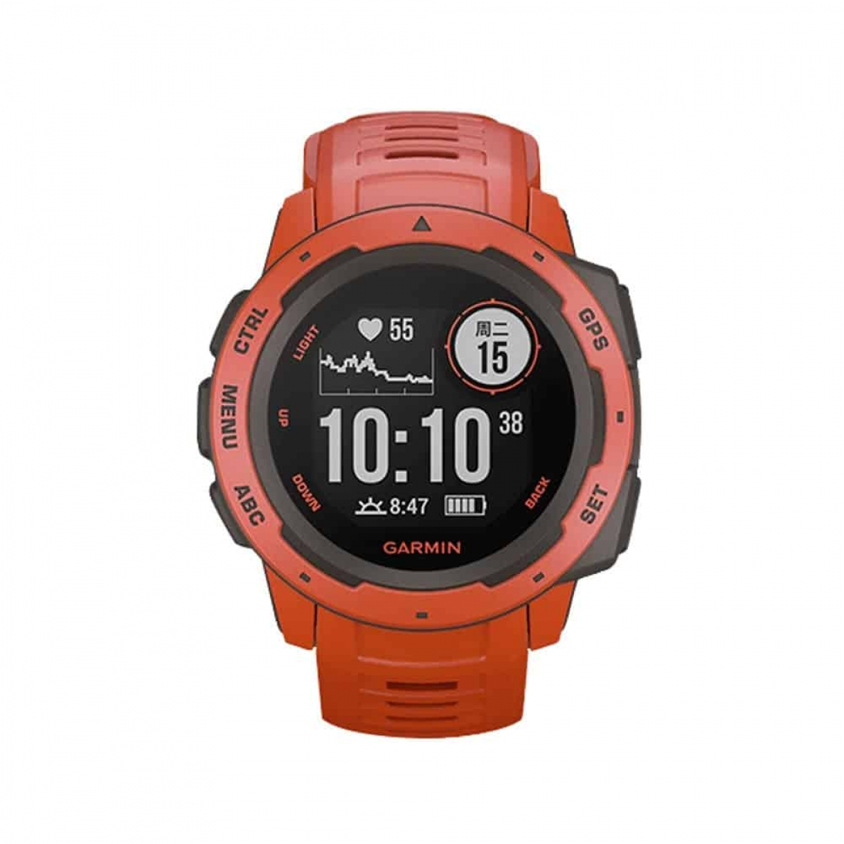Eine rote Garmin-Uhr mit schwarzem Display, das Zeit, Datum und Herzfrequenz anzeigt.
