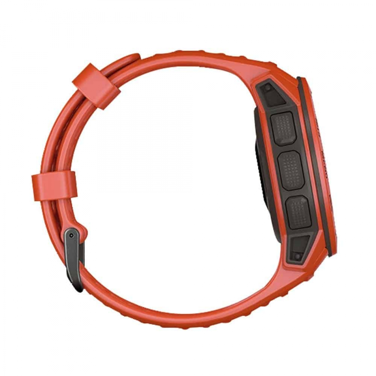 Seitenansicht einer orangefarbenen Smartwatch mit schwarzen Akzenten und drei Knöpfen.