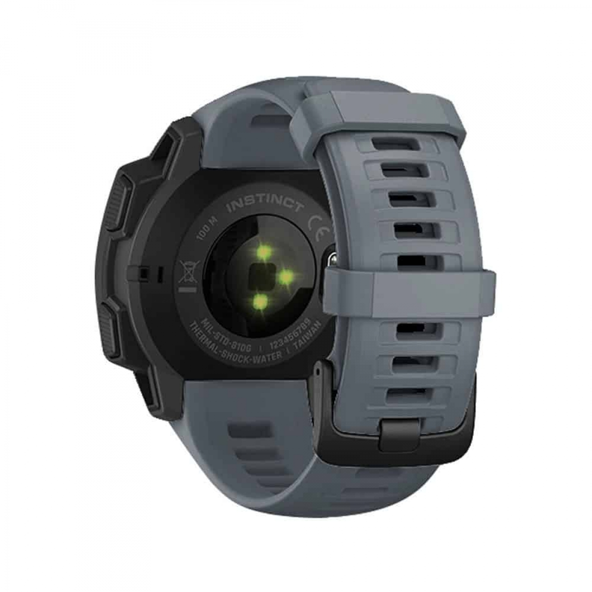 Graue Smartwatch-Rückseite mit grauem Armband. Schwarze Details sichtbar. Weißer Hintergrund.