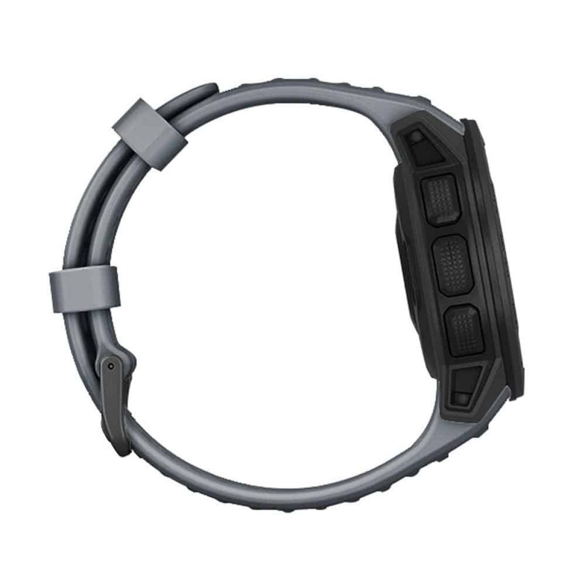 Eine graue Smartwatch mit schwarzem Bildschirm und drei Tasten. Die Uhr hat ein graues Armband.