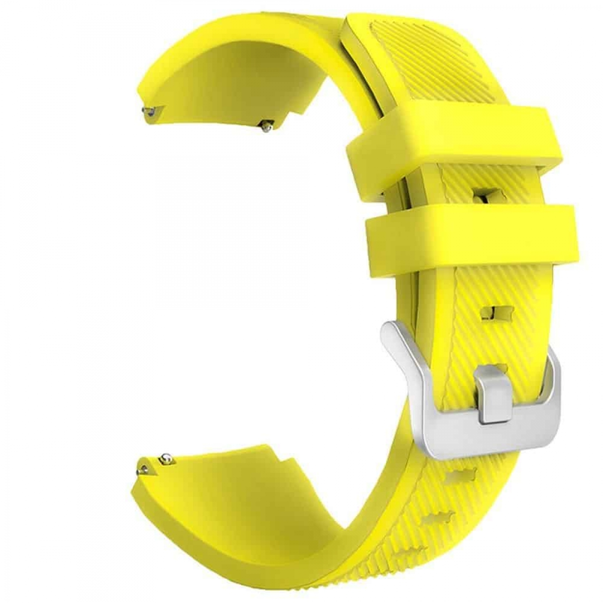 Gelbes Uhrenarmband mit silberner Schnalle. Weißer Hintergrund.