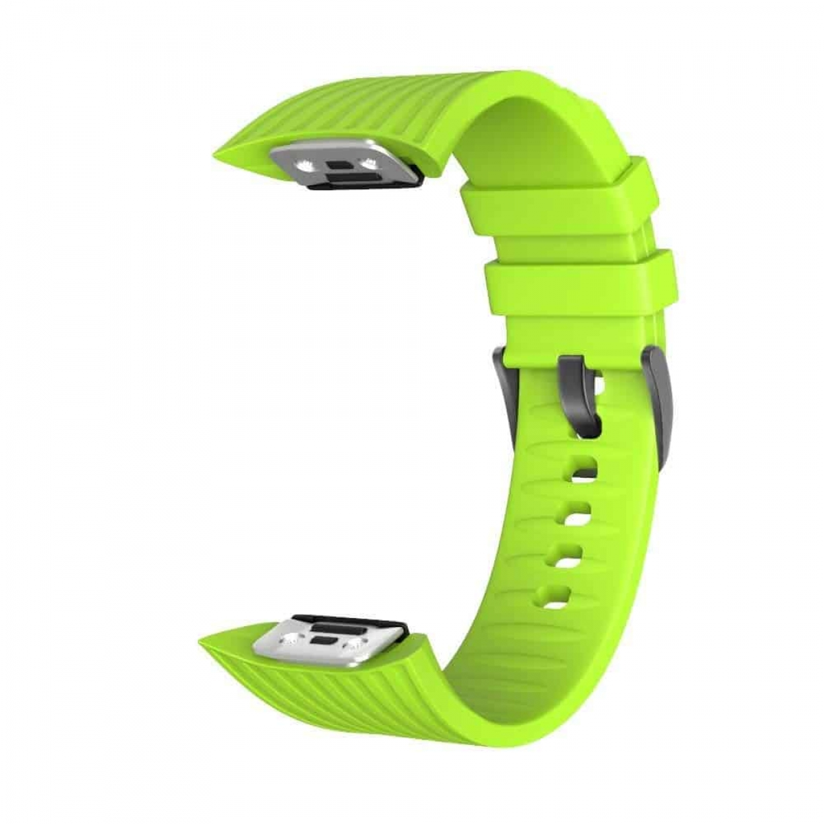 Ein hellgrünes Uhrenarmband mit Löchern und schwarzer Schnalle.