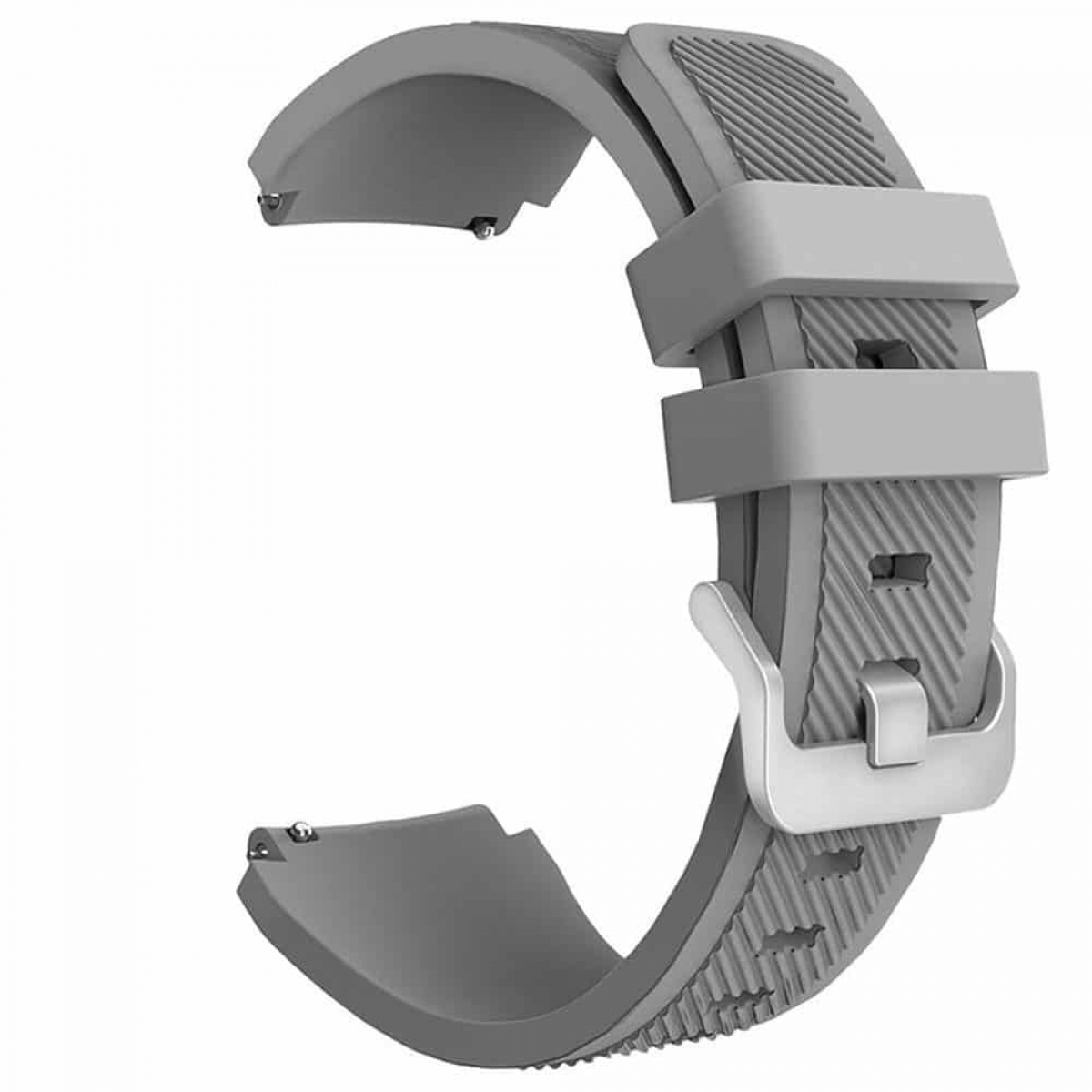 Graues Uhrenarmband mit silberner Schnalle auf weißem Hintergrund.