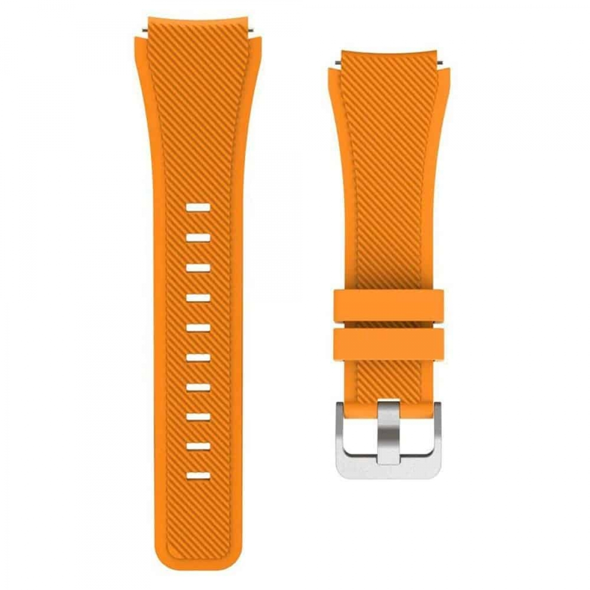 Orangenes Uhrenarmband mit Linien und silberner Schnalle. Zwei Teile sichtbar.