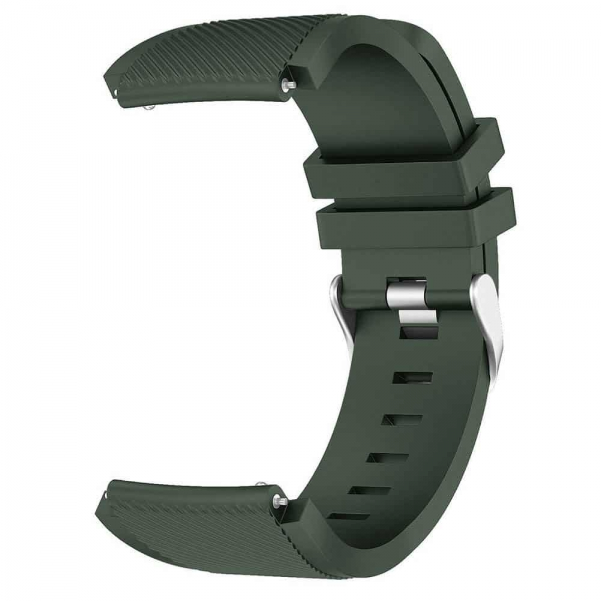 Dunkelgrünes Uhrenarmband. Es hat ein gebogenes Design und eine silberne Schnalle.