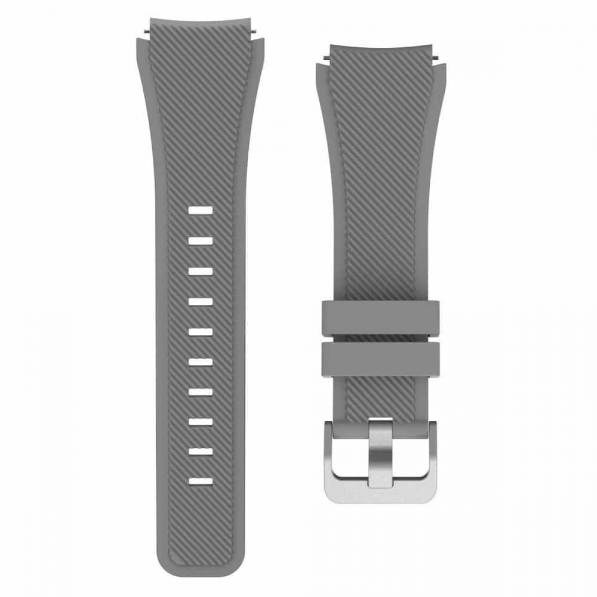 Zwei graue Uhrenarmbänder. Ein Armband hat eine Schnalle, das andere Löcher zur Anpassung. Beide haben Rippendetails.