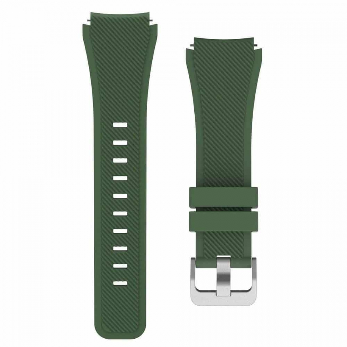 Grünes Uhrenarmband mit silberner Schnalle und strukturierter Oberfläche, zweigeteilt.