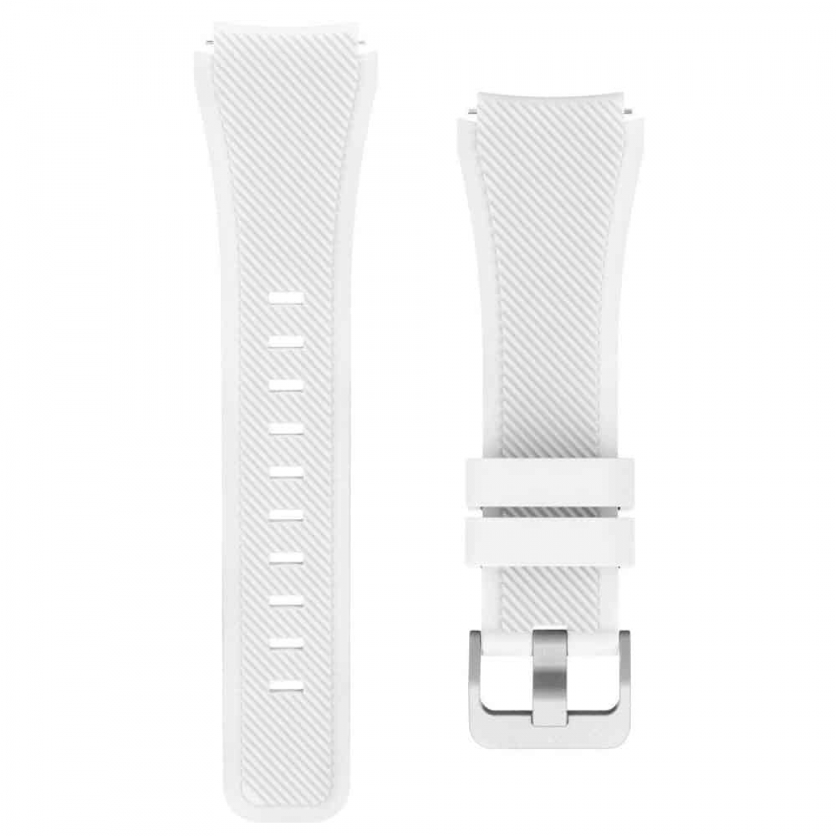Zwei weiße Uhrenarmbänder mit strukturiertem Muster. Einer hat Löcher, der andere eine Schnalle.