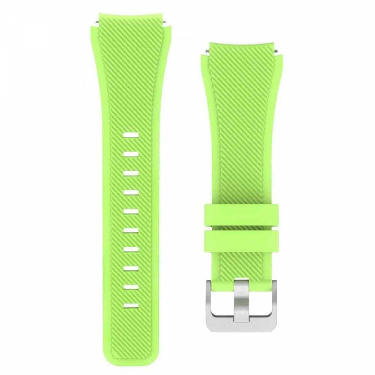 Hellgrünes Uhrenarmband, zweiteilig, mit Schnalle. Schräge Struktur. Weißer Hintergrund.