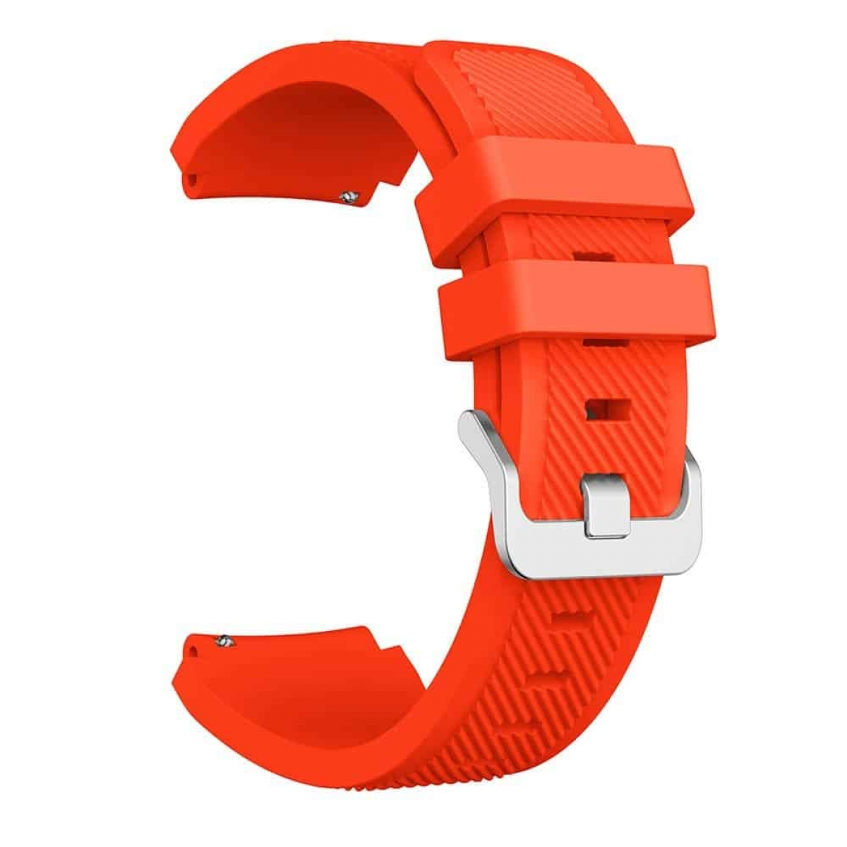 Oranges Uhrenarmband. Das Uhrenarmband ist orange, mit silberner Schnalle und strukturiertem Design.