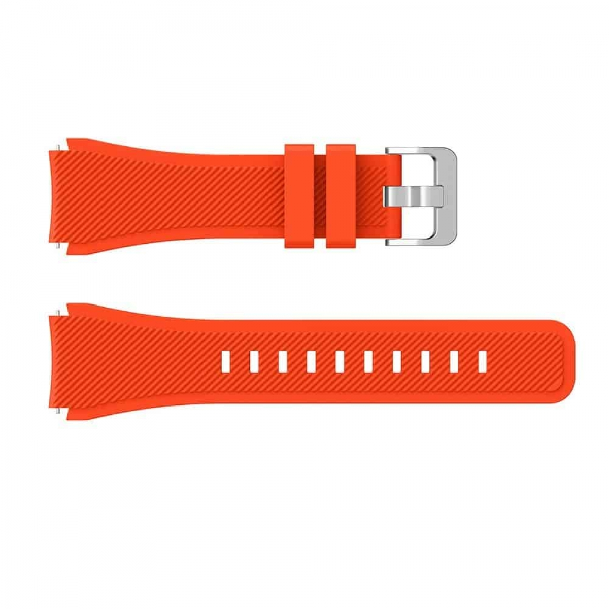 Orangenes Uhrenarmband mit silberner Schnalle, flach liegend.