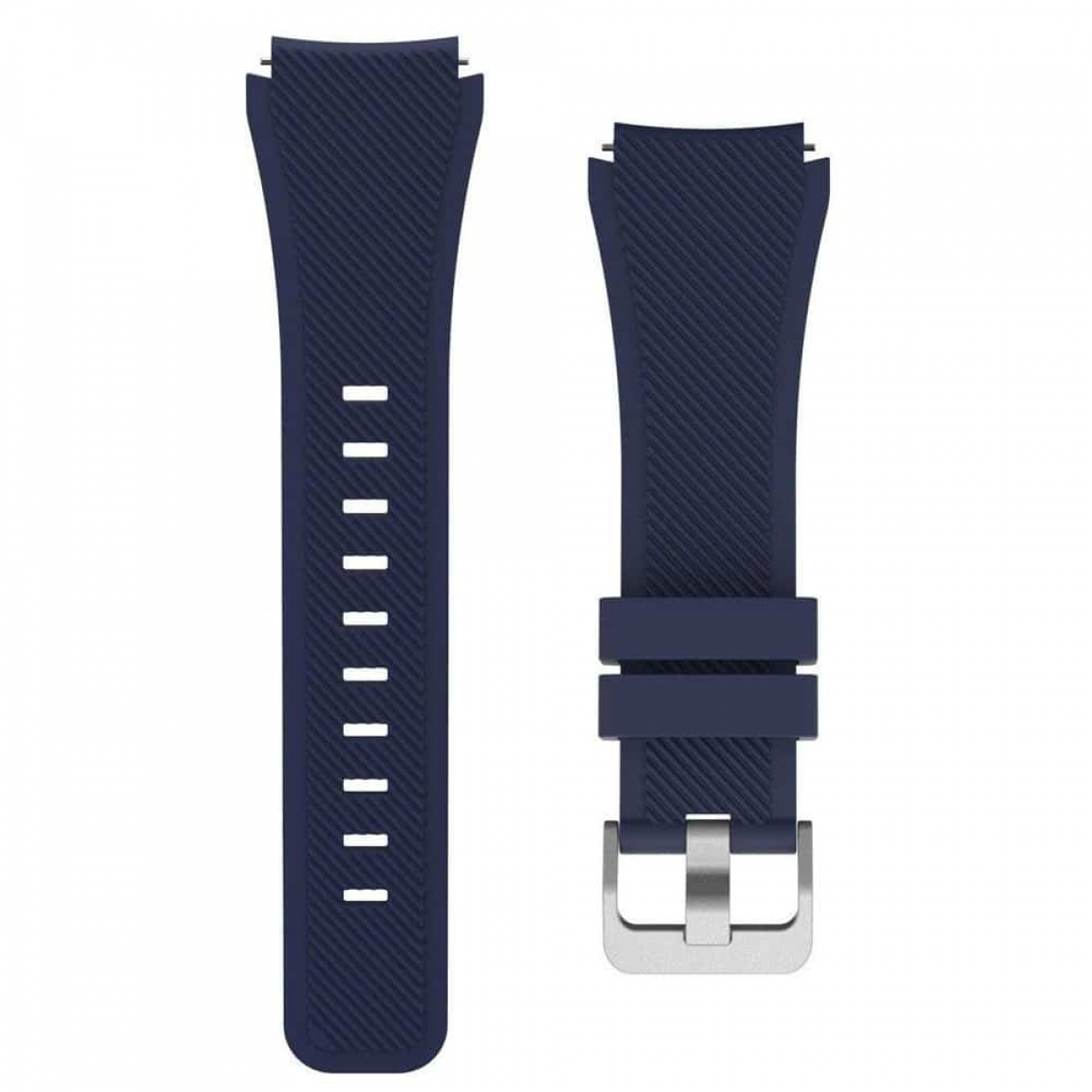 Zwei blaue Smartwatch-Armbänder. Beide haben eine strukturierte Oberfläche, eines mit Schnalle, das andere mit Löchern.