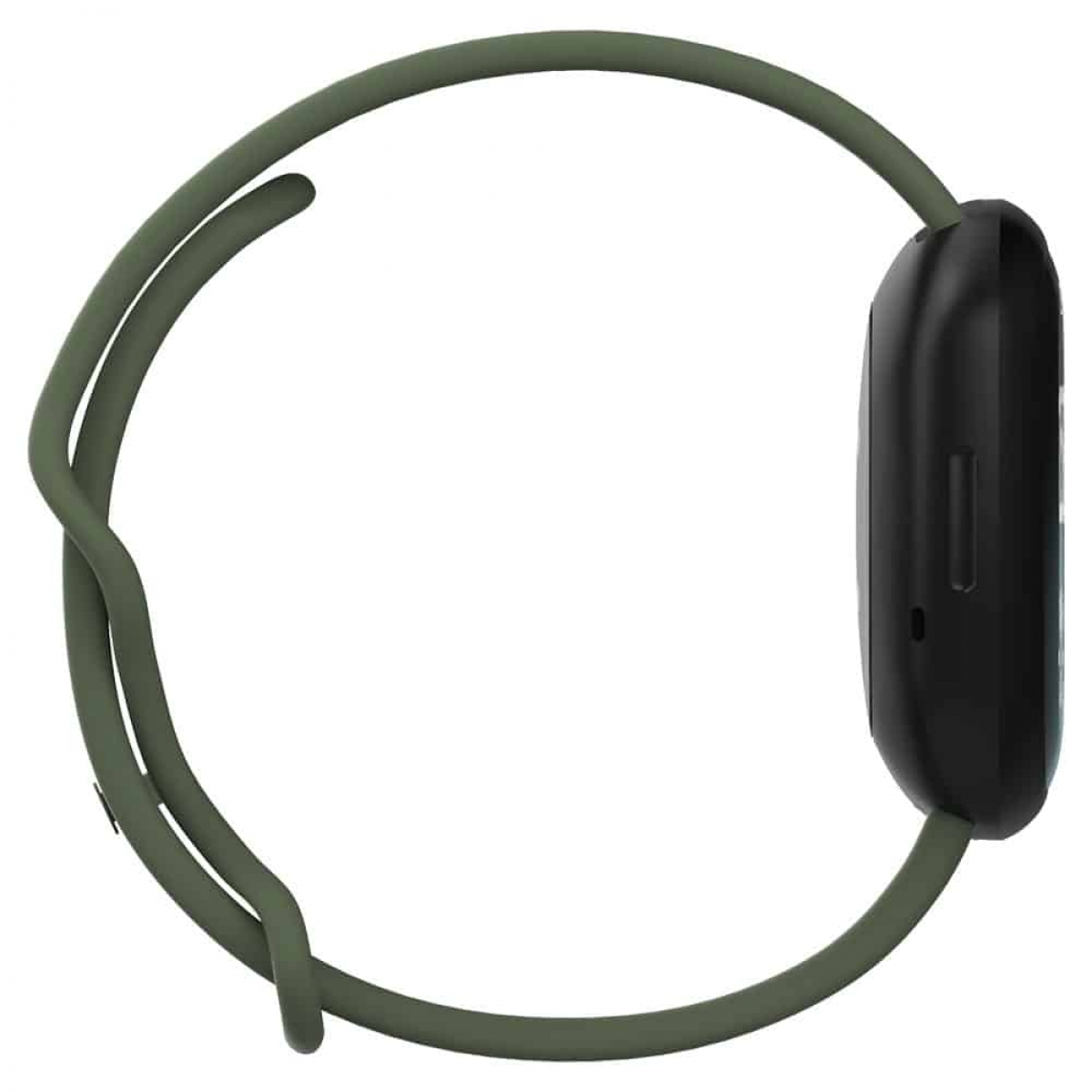 Olivgrünes Smartwatch-Armband. Das Armband ist gebogen und mit dem Uhrengehäuse verbunden.