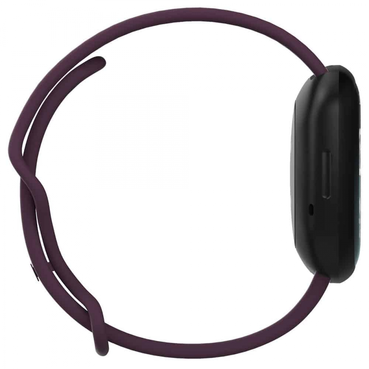 Lila Uhrenarmband mit einer schwarzen Uhr. Die Uhr hat ein rundes Zifferblatt. Das Armband ist gebogen.