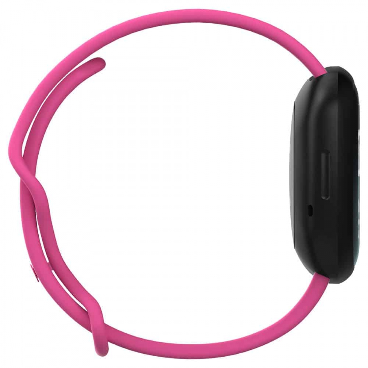 Rosa Smartwatch-Armband mit schwarzem Zifferblatt. Das Band ist gebogen.