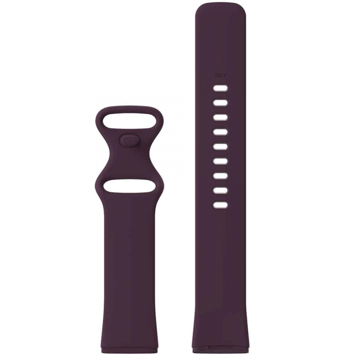 Zwei Teile eines dunkelvioletten Armbands, eines mit Löchern, das andere mit Schnallenanschluss.