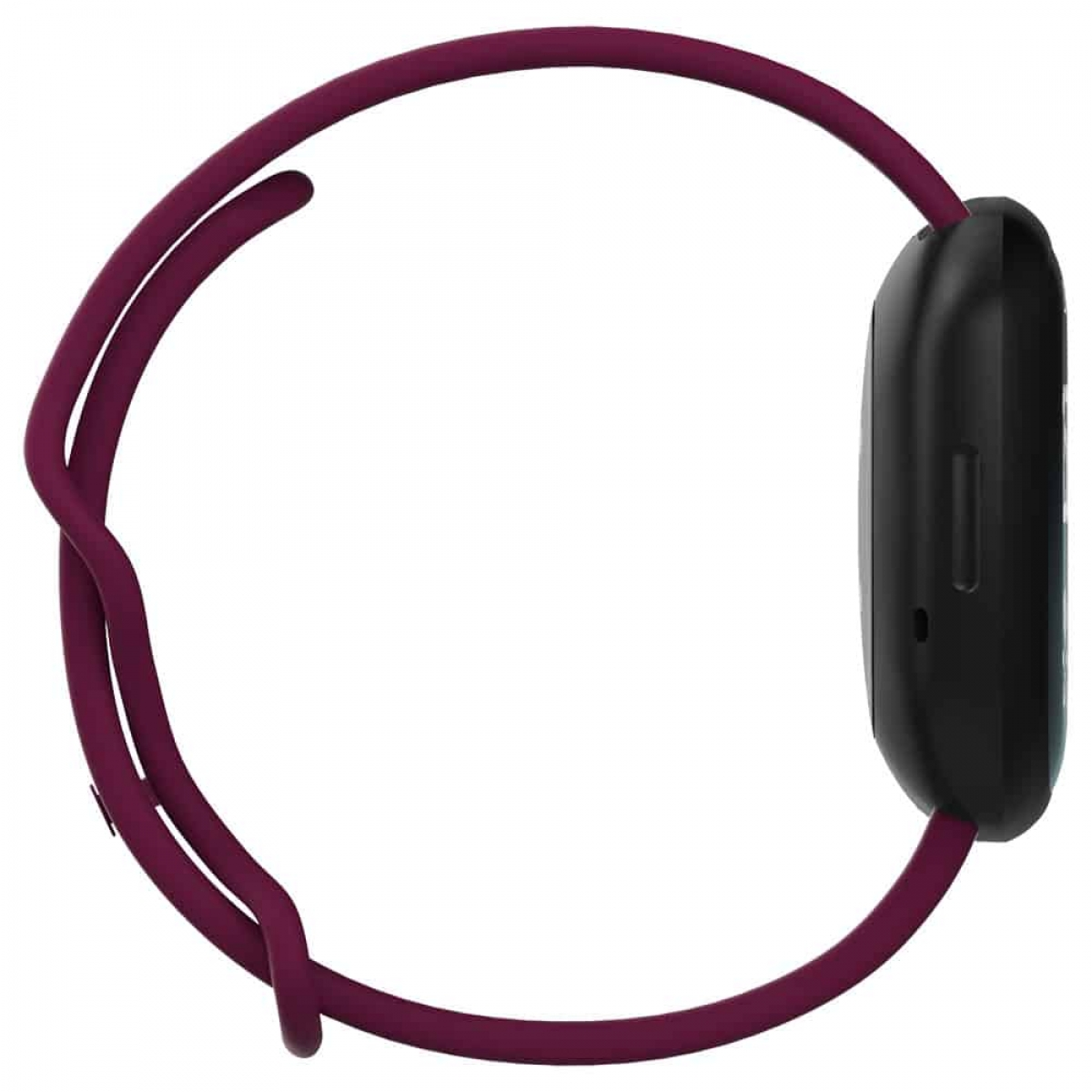 Eine Smartwatch mit dunkelrotem Armband von der Seite. Das Armband umschließt.