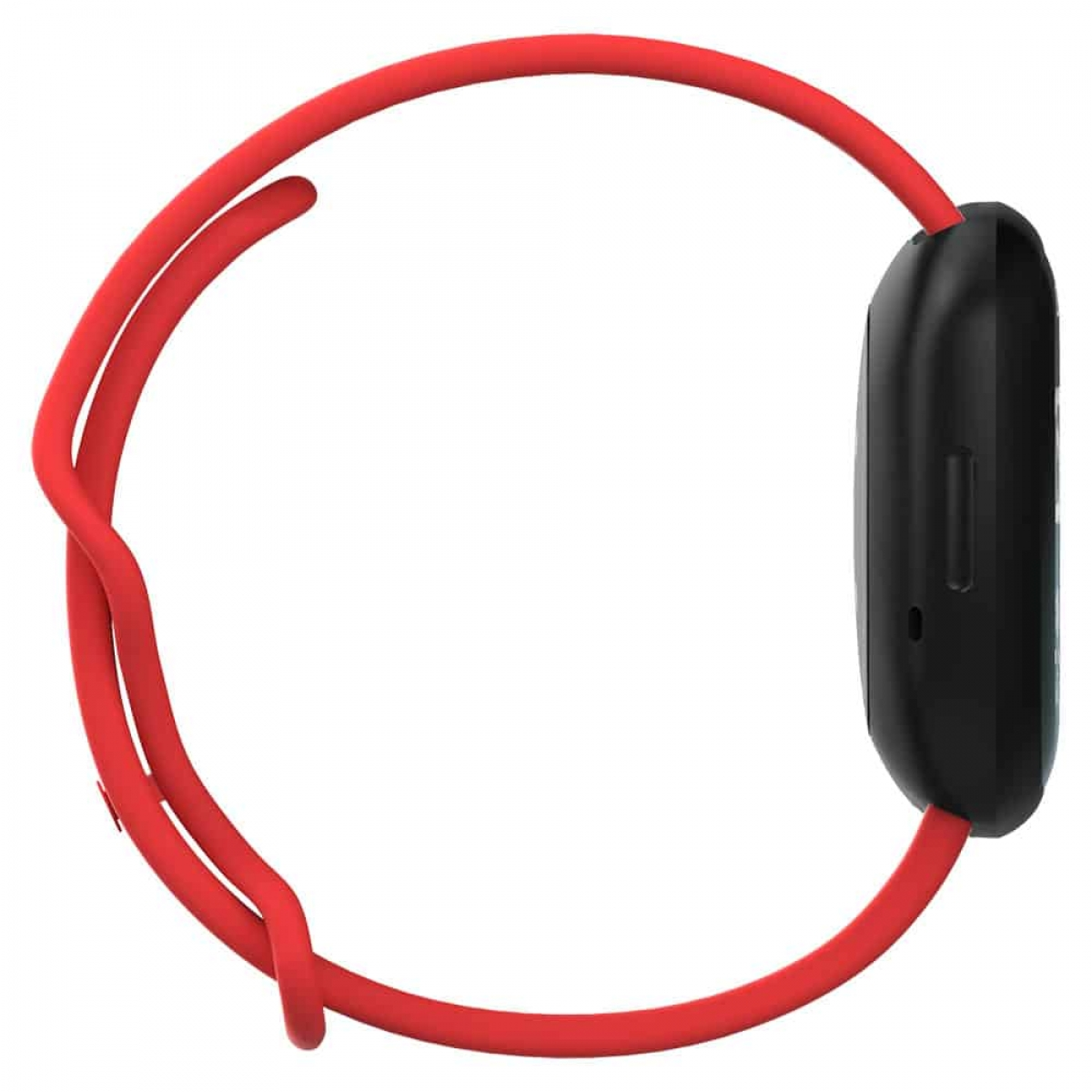 Rotes Fitness-Tracker-Band mit einem schwarzen Fitness-Tracker.