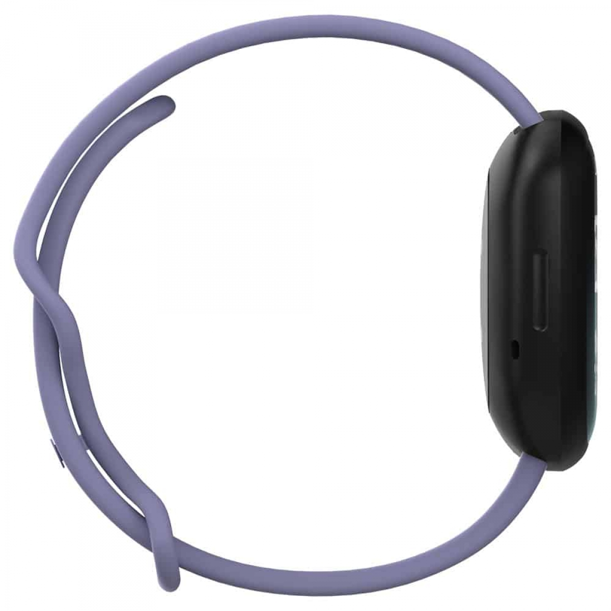 Eine schwarze Smartwatch mit lila Armband. Weißer Hintergrund.