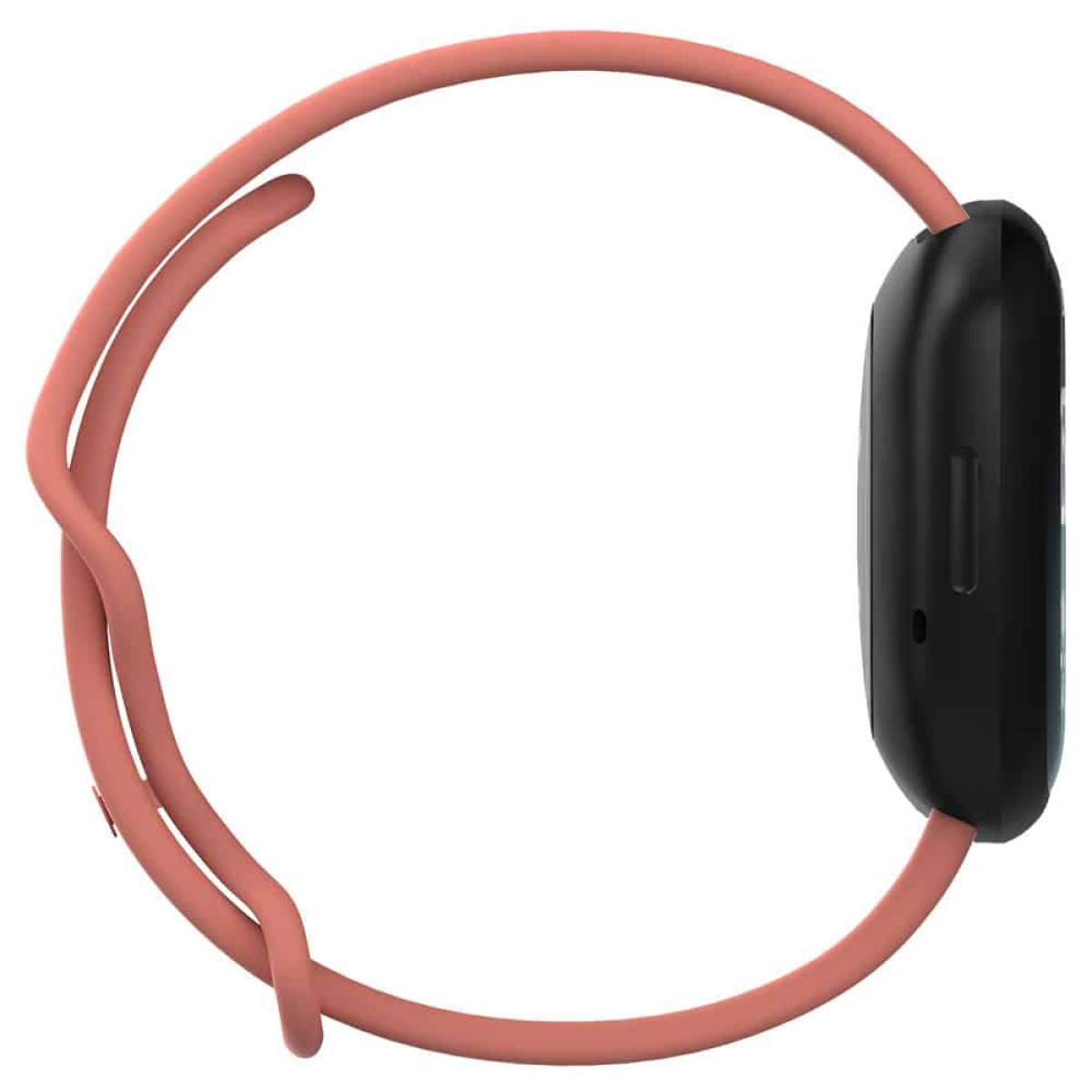 Eine schwarze Smartwatch mit einem rosa Armband. Die Uhr liegt auf der Seite und zeigt den Bildschirm und das Armband.