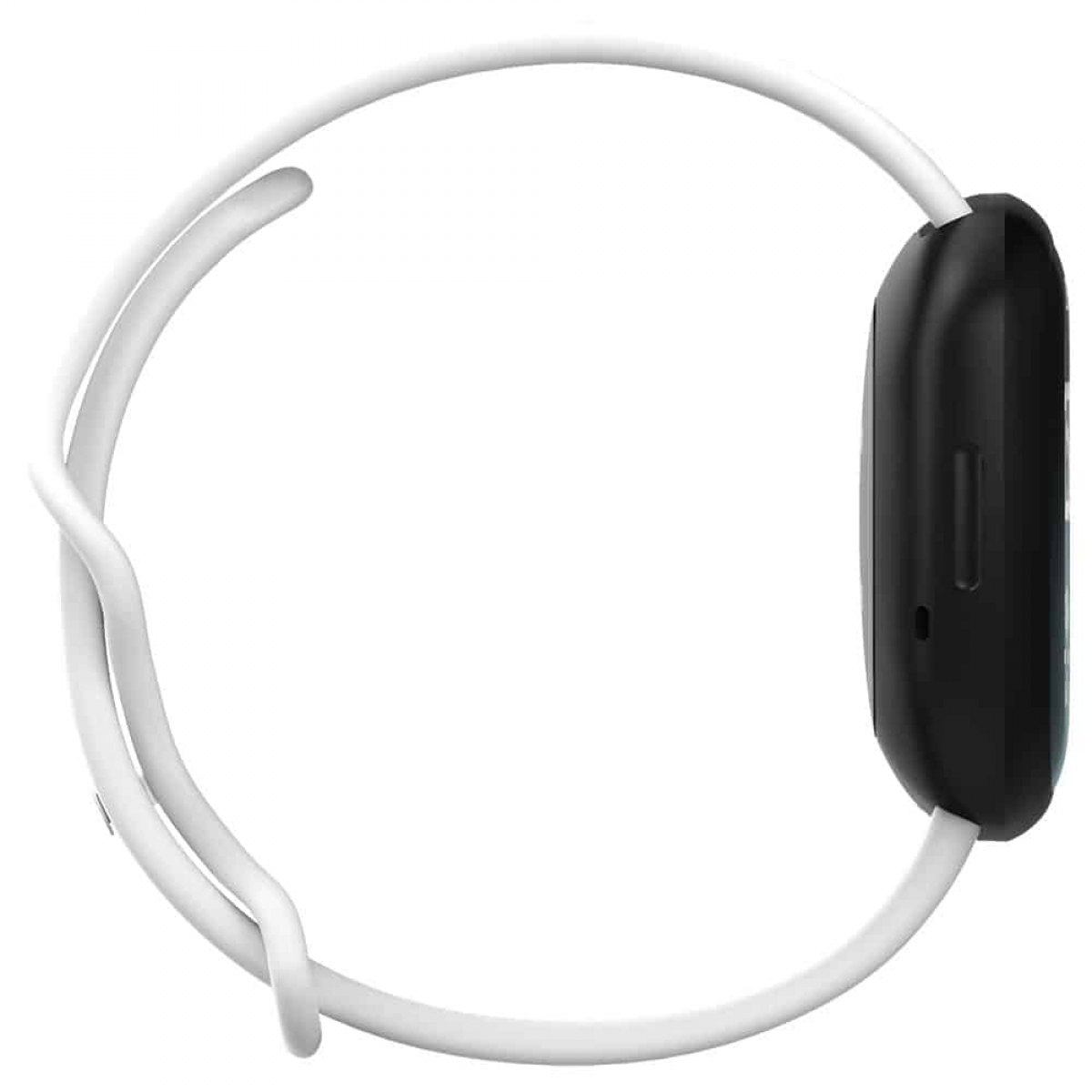 Eine schwarze Smartwatch mit weißem Armband. Das Armband ist kreisförmig verbunden.