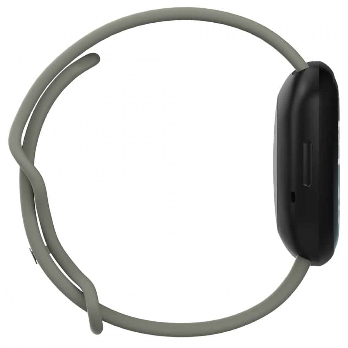 Graues Smartwatch-Armband mit schwarzem Zifferblatt. Das Armband ist verbunden.