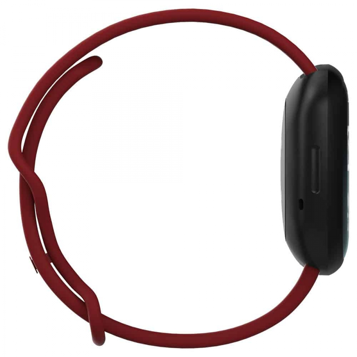 Rotes Uhrenarmband, verbunden mit einer schwarzen Smartwatch. Seitenansicht auf weißem Hintergrund.