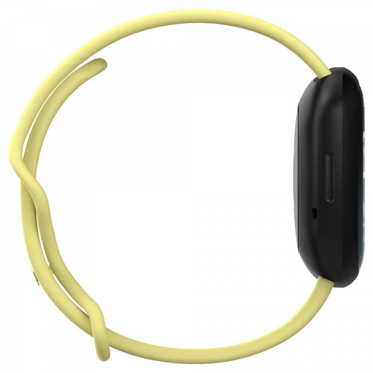 Schwarzer Fitnesstracker mit hellgelbem Armband. Das Armband ist gebogen und umschließt.