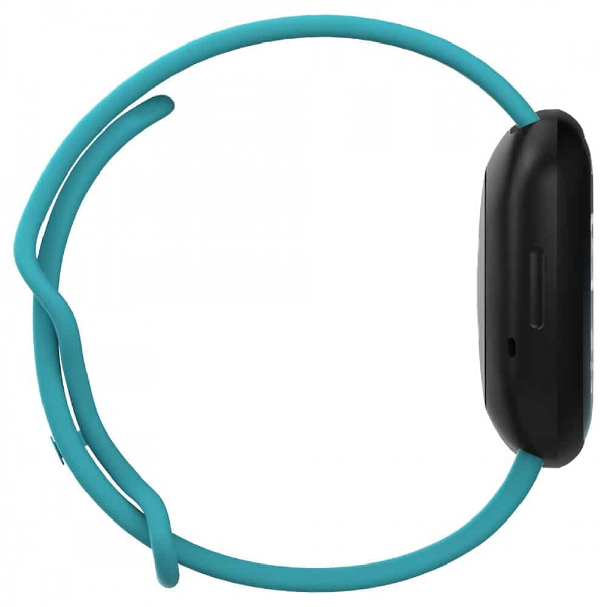 Hellblaues Uhrenarmband mit schwarzem Uhrenkopf. Das Band verläuft bogenförmig.