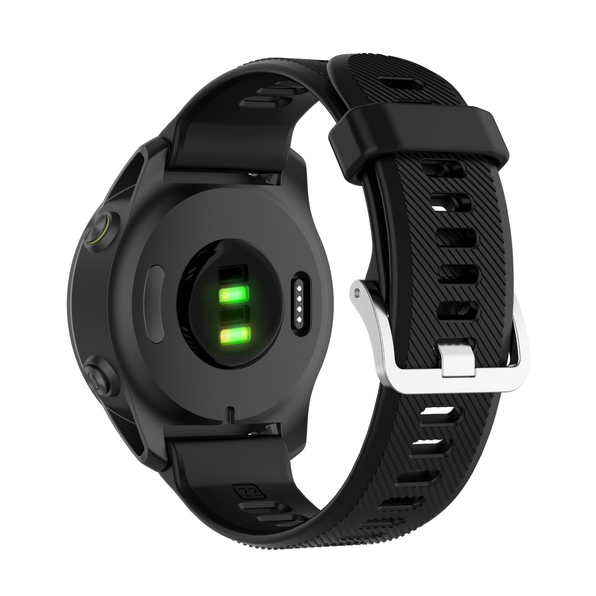 Schwarze Smartwatch mit schwarzem Armband, grüner Herzfrequenzsensor. Zeigt die Rückseite der Uhr.