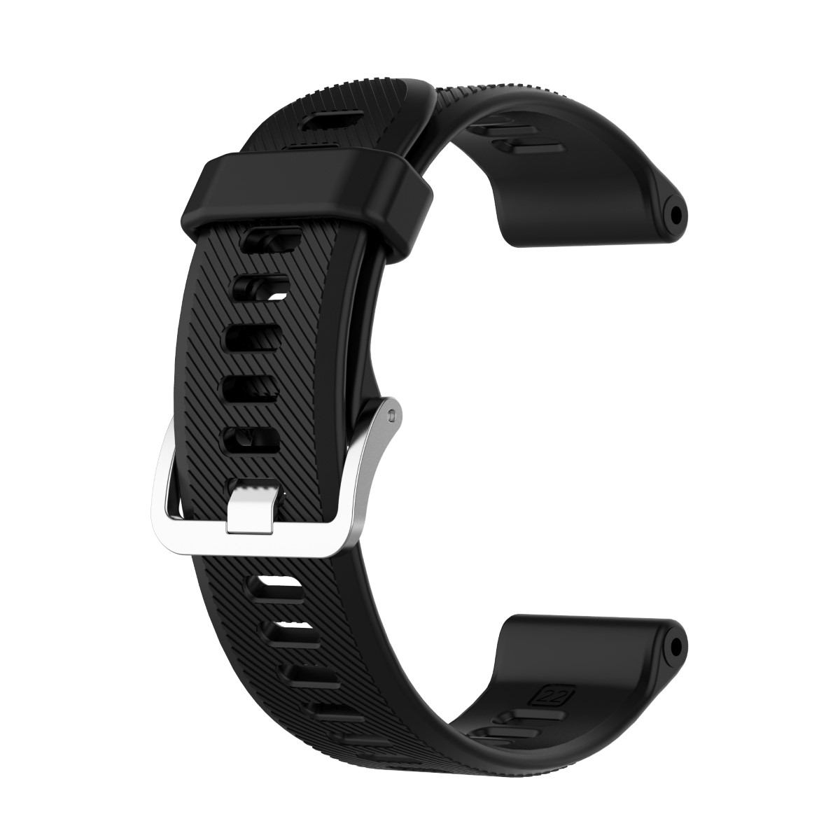 Schwarzes Uhrenarmband mit silberner Schnalle. Strukturierte Oberfläche, C-Form.