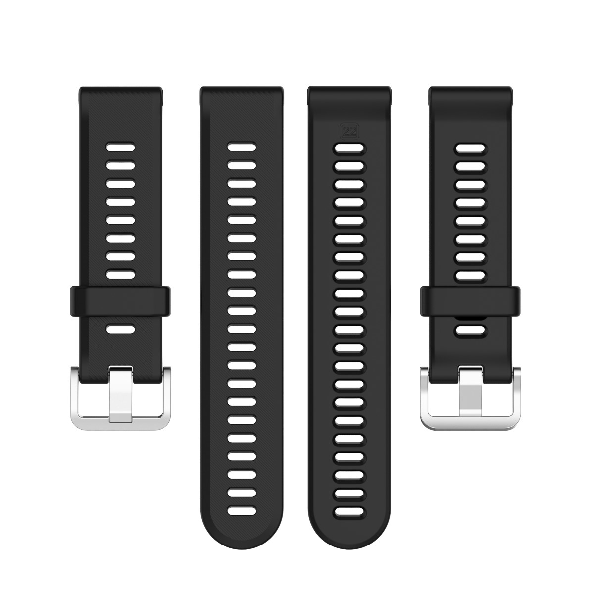 Vier schwarze Uhrenarmbänder, mit silbernen Schnallen, weißer Hintergrund, Draufsicht.