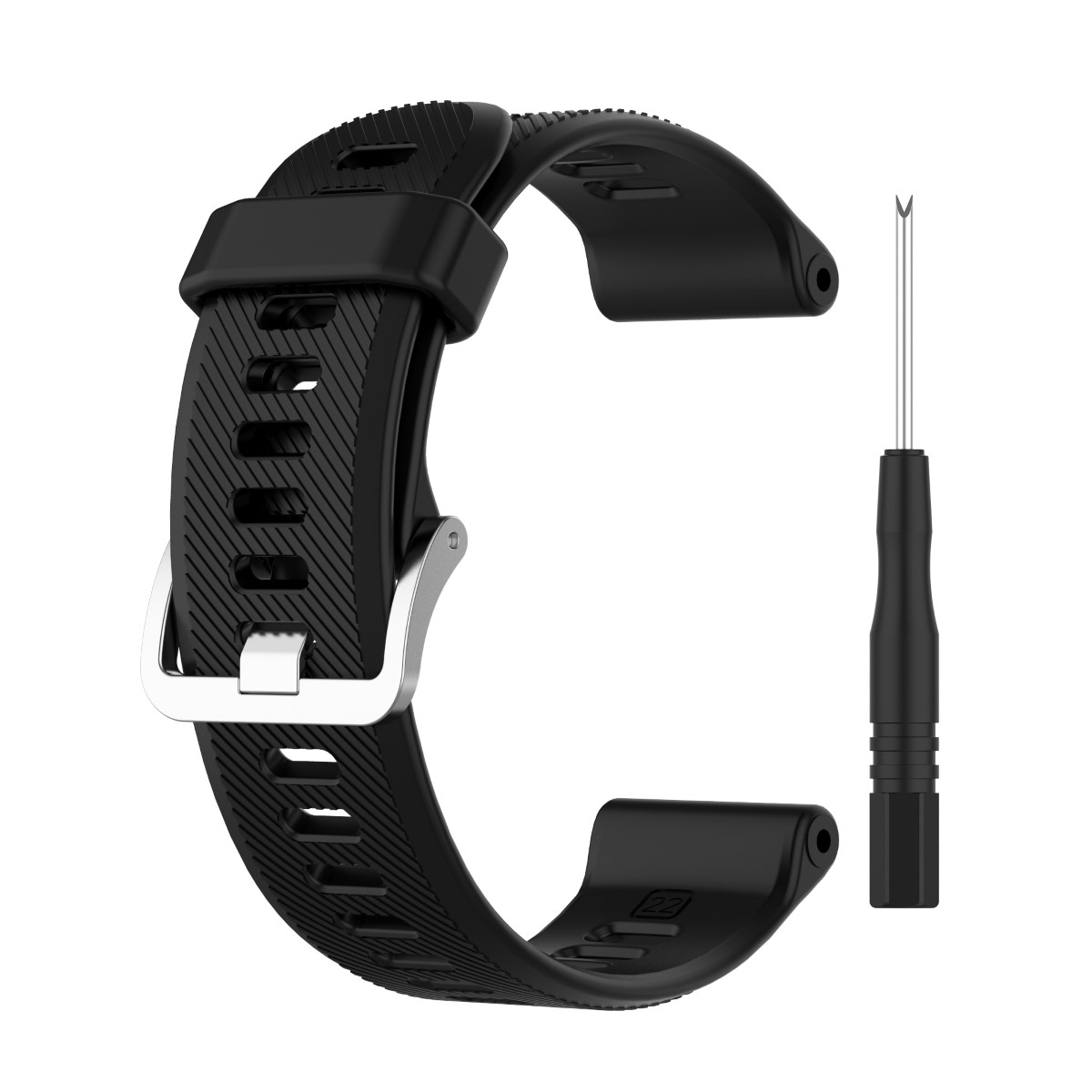 Ein schwarzes Uhrenarmband mit einer silbernen Schnalle und einem schwarzen Werkzeug. Das Band hat parallele Rillen.