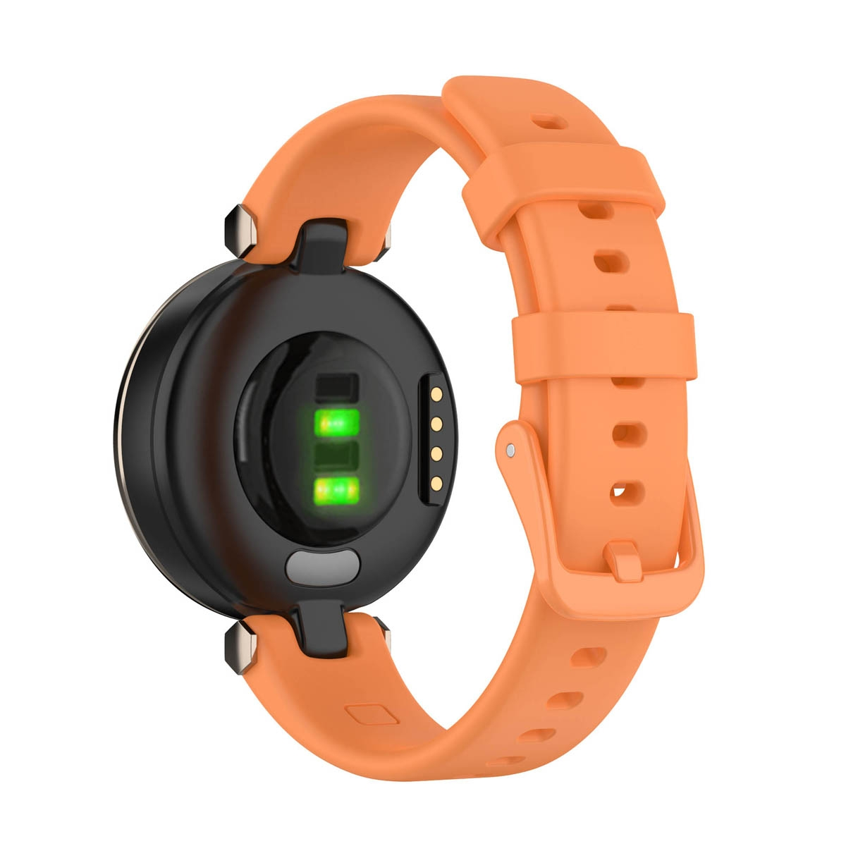 Orange Smartwatch mit schwarzer Rückseite und Sensoren. Das Armband ist orange, Rückansicht.