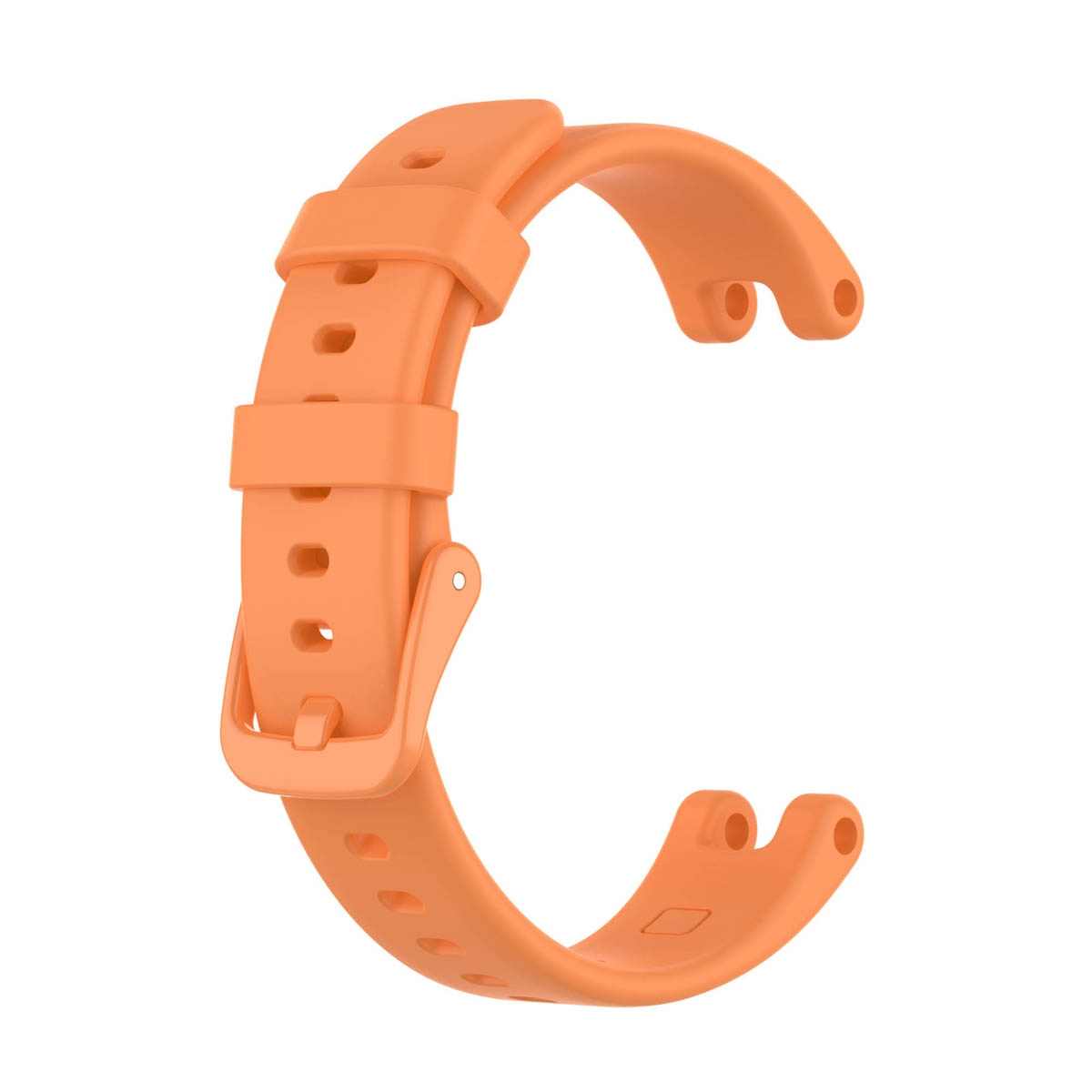 Orangenes Uhrenarmband. Es hat Löcher zur Einstellung und eine Schnalle.