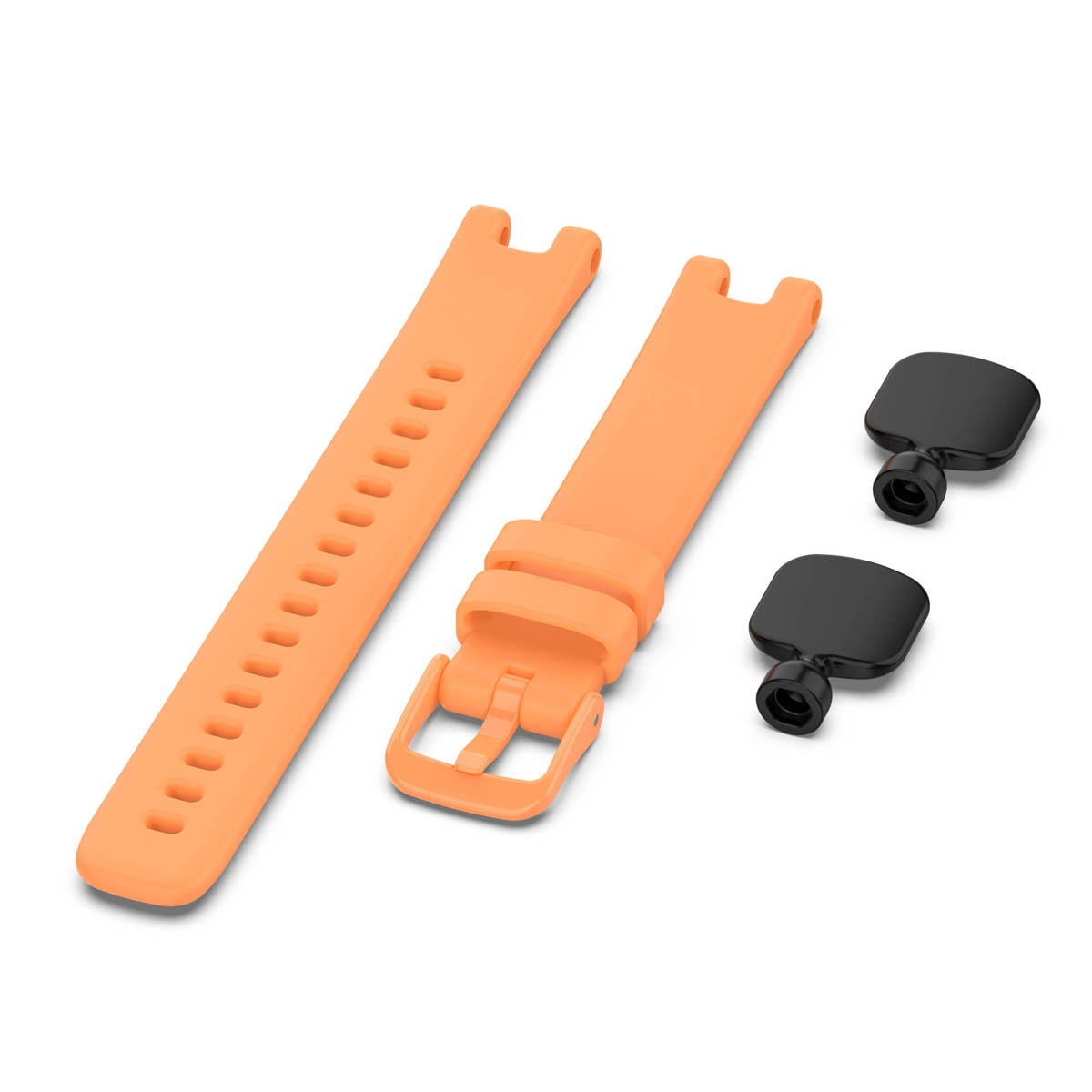 Orangefarbene Uhrenarmbänder und schwarze Verschlüsse, alles auf einer weißen Oberfläche.