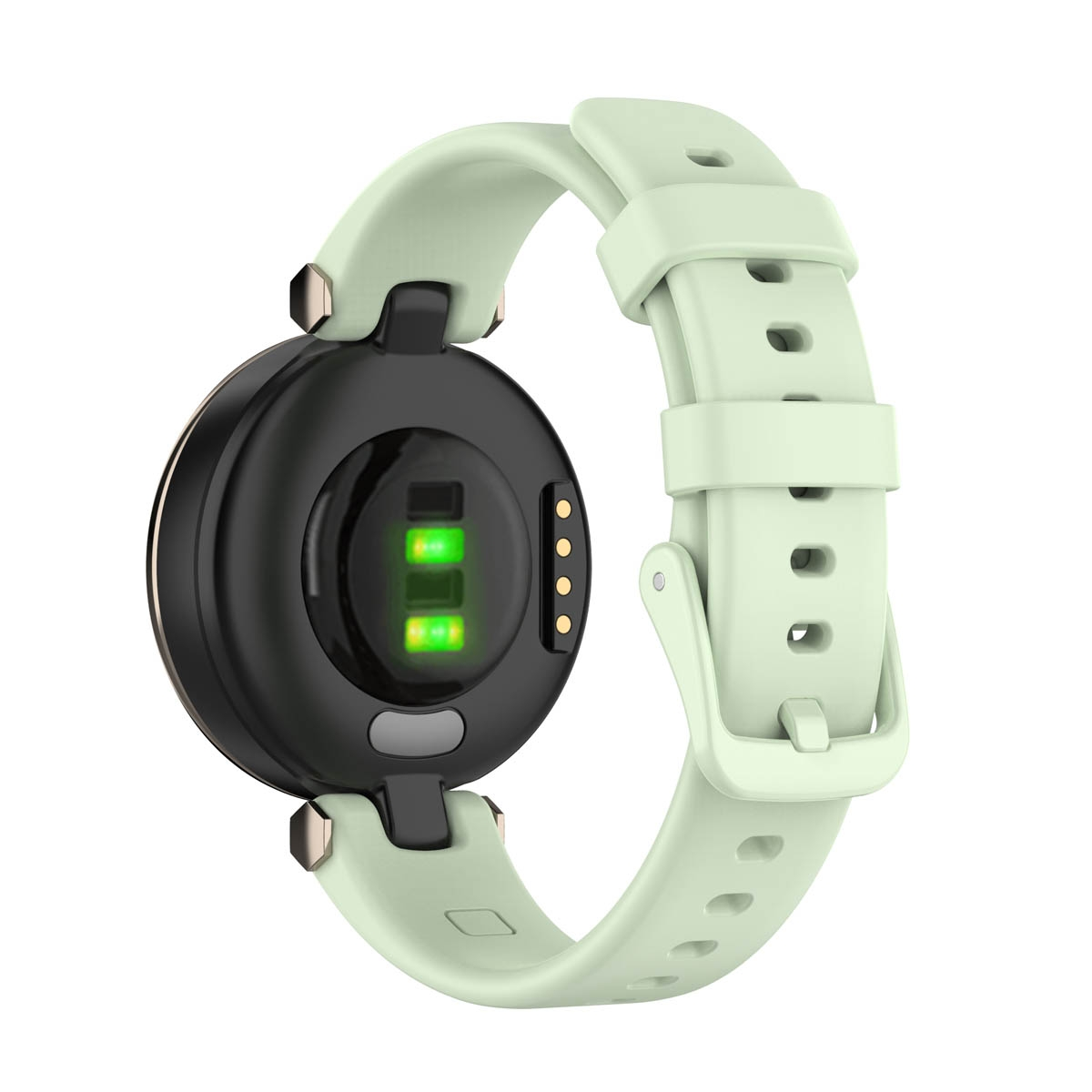 Eine Smartwatch. Die Uhr ist schwarz und das Armband hellgrün. Die Rückseite hat Sensoren und grünes Licht.