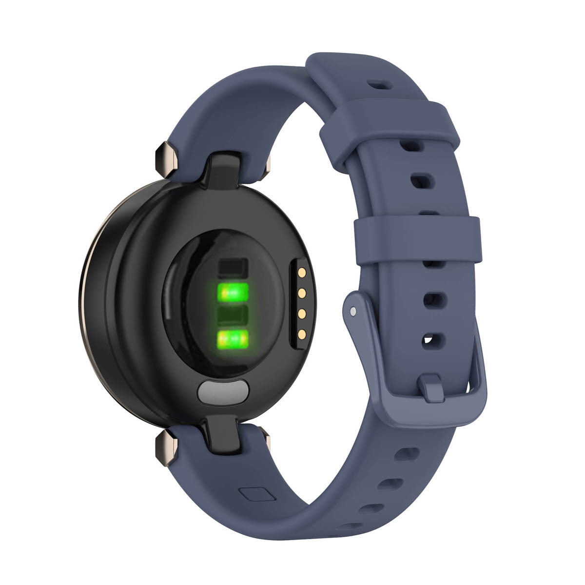 Rückansicht einer Smartwatch mit marineblauem Armband und grünem Herzfrequenzsensor.