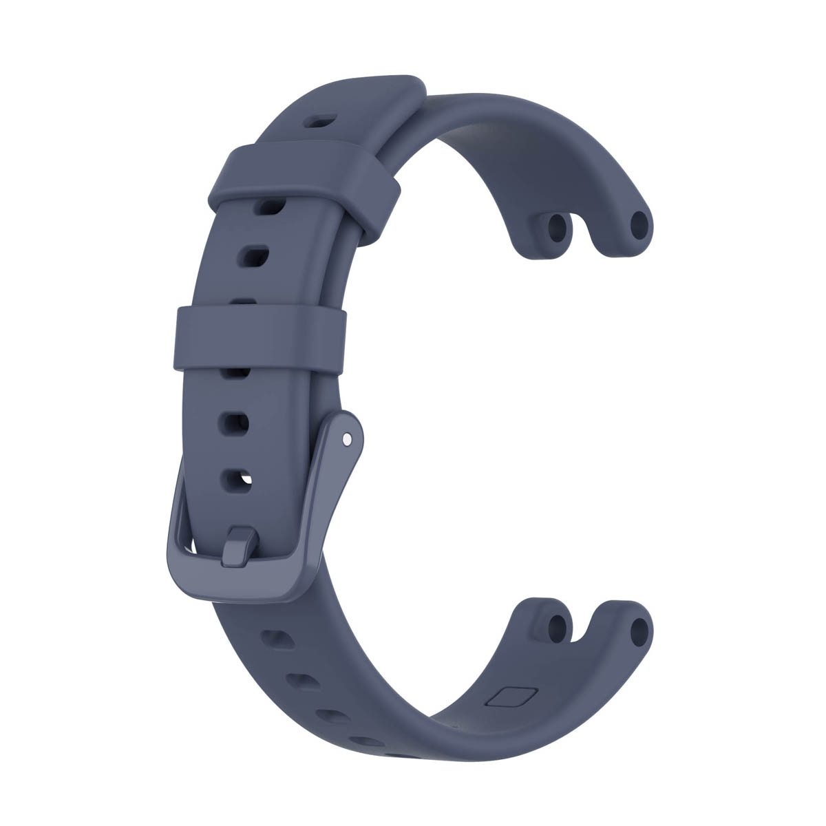 Graues Uhrenarmband. Das Band ist grau mit silberner Schnalle und Löchern zur Anpassung.