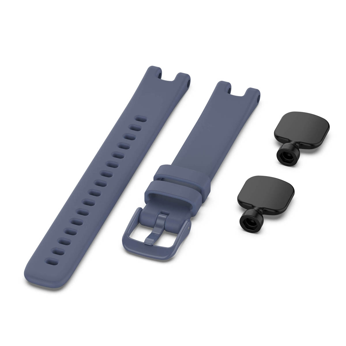 Armbandteile. Ein graues Armband mit Schnalle und zwei schwarzen Teilen für die Uhr.