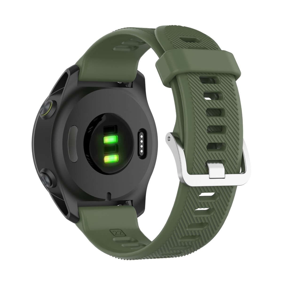 Grüne Uhr mit Herzfrequenzsensor auf der Rückseite.