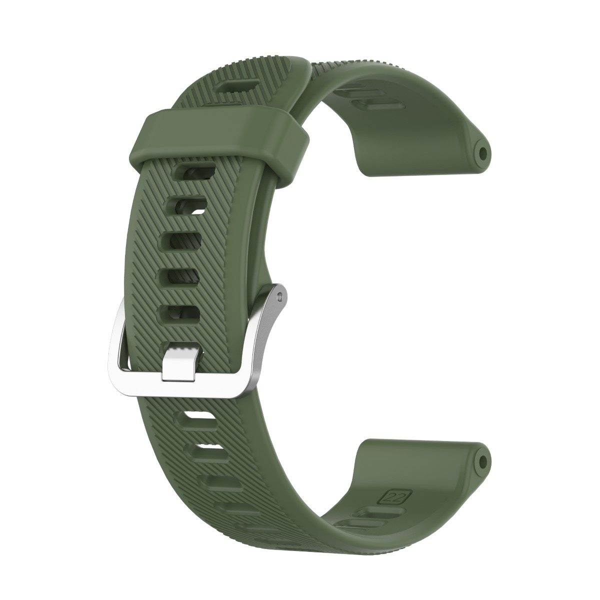 Grünes Uhrenarmband mit silberner Schließe, C-förmig.