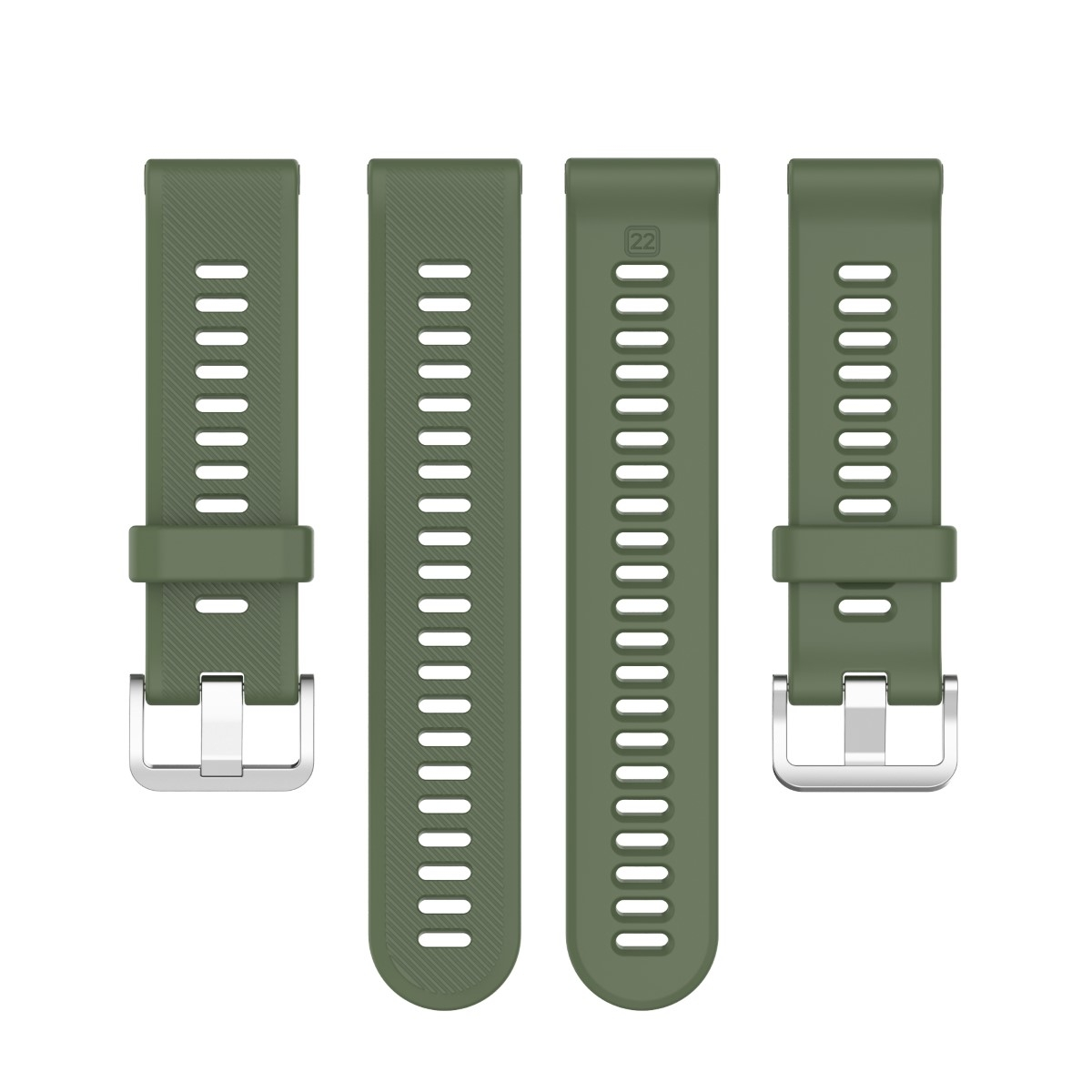 Grüne Uhrenarmbänder. Mehrere Bänder. Metallschnallen. Löcher sichtbar.