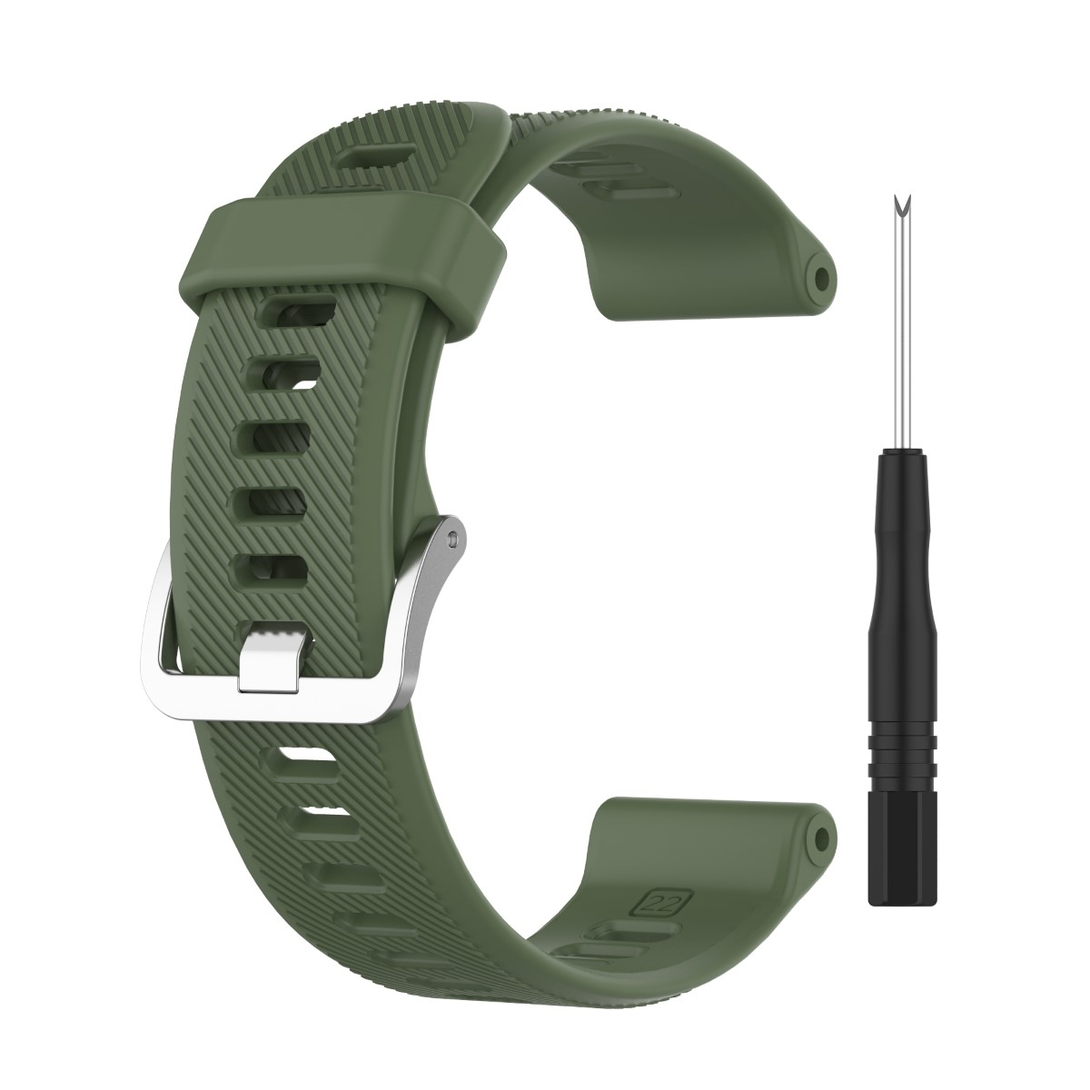 Ein olivgrünes Uhrenarmband mit silberner Schnalle und einem Werkzeug zur Bandanpassung.