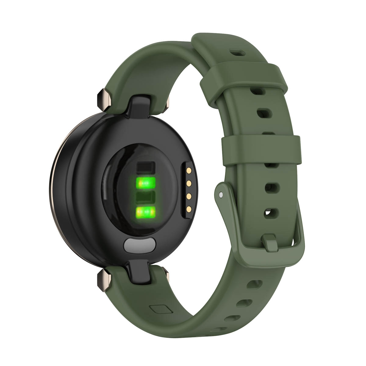 Rückansicht einer grünen Smartwatch, Sensor und Armband zeigend.